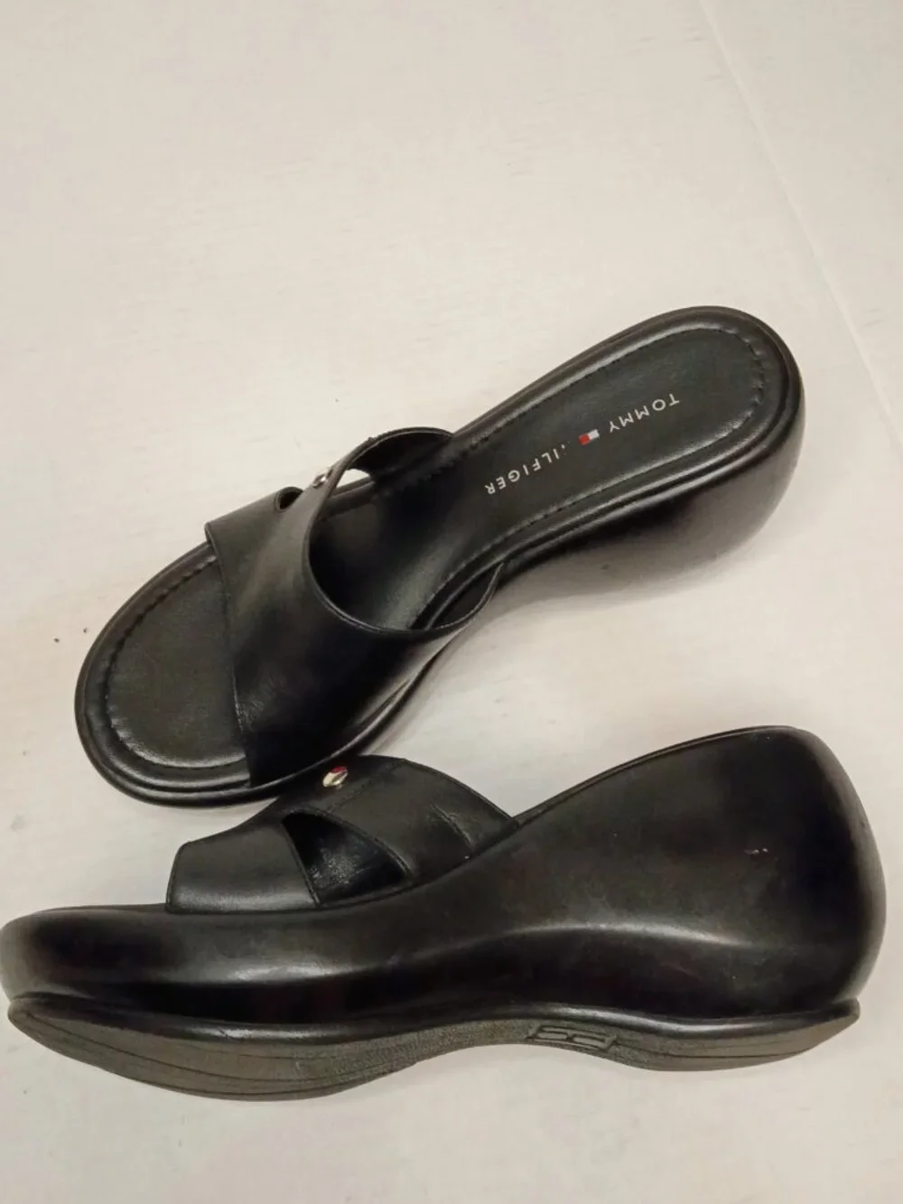 Tommy Hilfiger Black Leather Y2K Platform Wedge Slides Women’s Size 9M